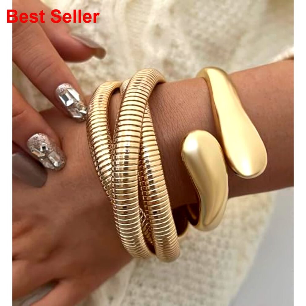 Chunky Gold Bangle Bracelets, Stackable Chain Set… - image 7